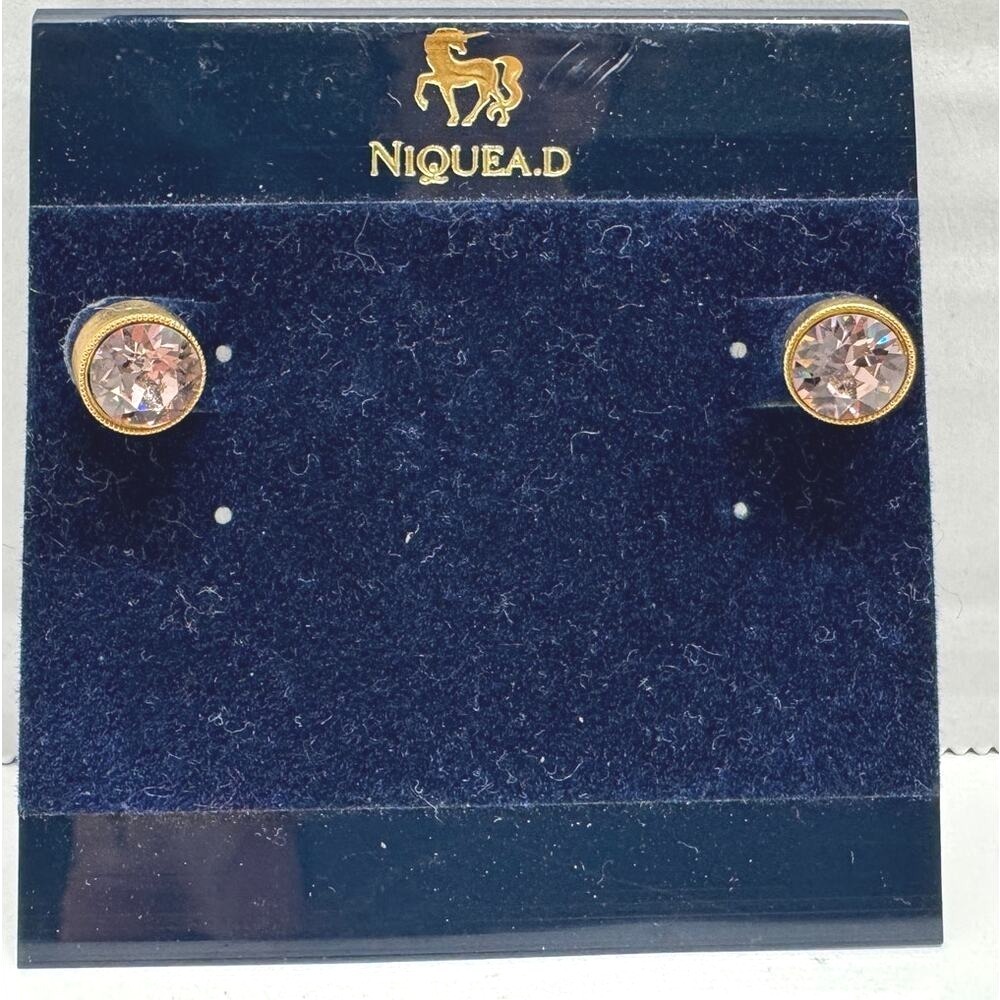 New Niquea.D Gold Tone Stud Earrings with Light Pink Peach Round Stone